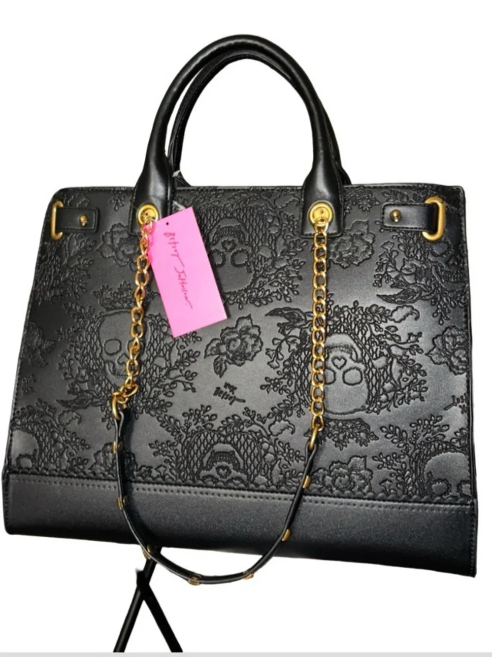BETSEY JOHNSON XL BLACK SKULL & ROSES DOUBLE HANDLE & CHAIN STUD STRAPS TOTE NWT